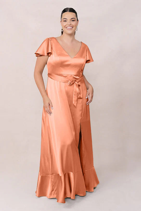 Romantic V-Neck Flutter Sleeve Tie-Waist Ruffle Hem A-Line Floor-Length Bridesmaid Dress
