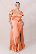 Romantic V-Neck Flutter Sleeve Tie-Waist Ruffle Hem A-Line Floor-Length Bridesmaid Dress