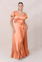 Romantic V-Neck Flutter Sleeve Tie-Waist Ruffle Hem A-Line Floor-Length Bridesmaid Dress