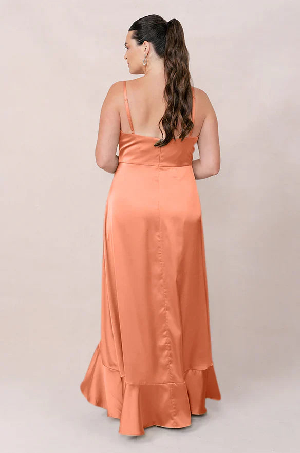 Romantic V-Neck Spaghetti Strap Ruffle Trim High-Low A-Line Bridesmaid Dress
