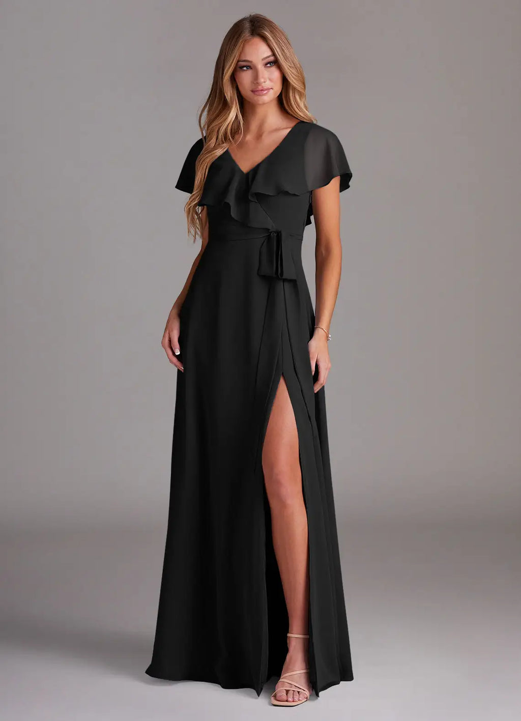 Romantic chiffon V neck floor length bridesmaid dress with ruffled cape sleeves, self-tie sash and high slit