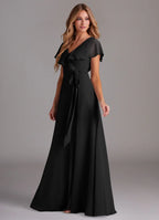 Romantic chiffon V neck floor length bridesmaid dress with ruffled cape sleeves, self-tie sash and high slit