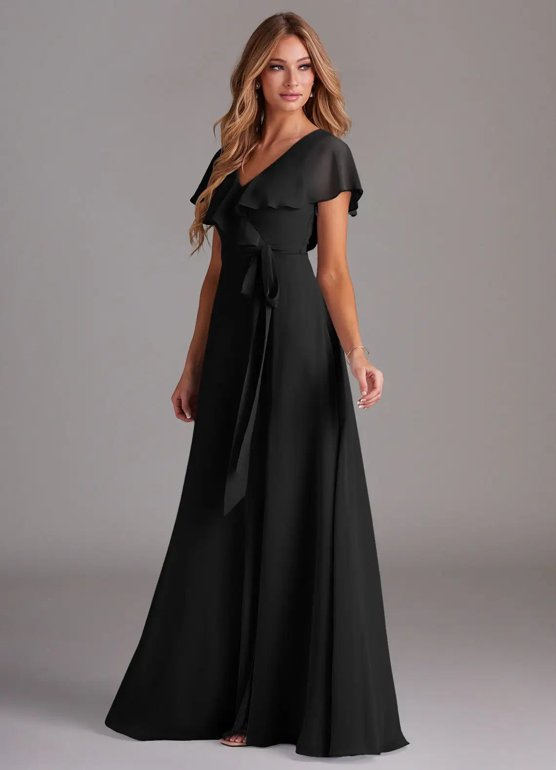 Romantic chiffon V neck floor length bridesmaid dress with ruffled cape sleeves, self-tie sash and high slit