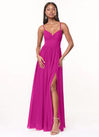 Romantic fuchsia chiffon bridesmaid dress with spaghetti straps, ruched bodice, open back bow, high slit and side pockets