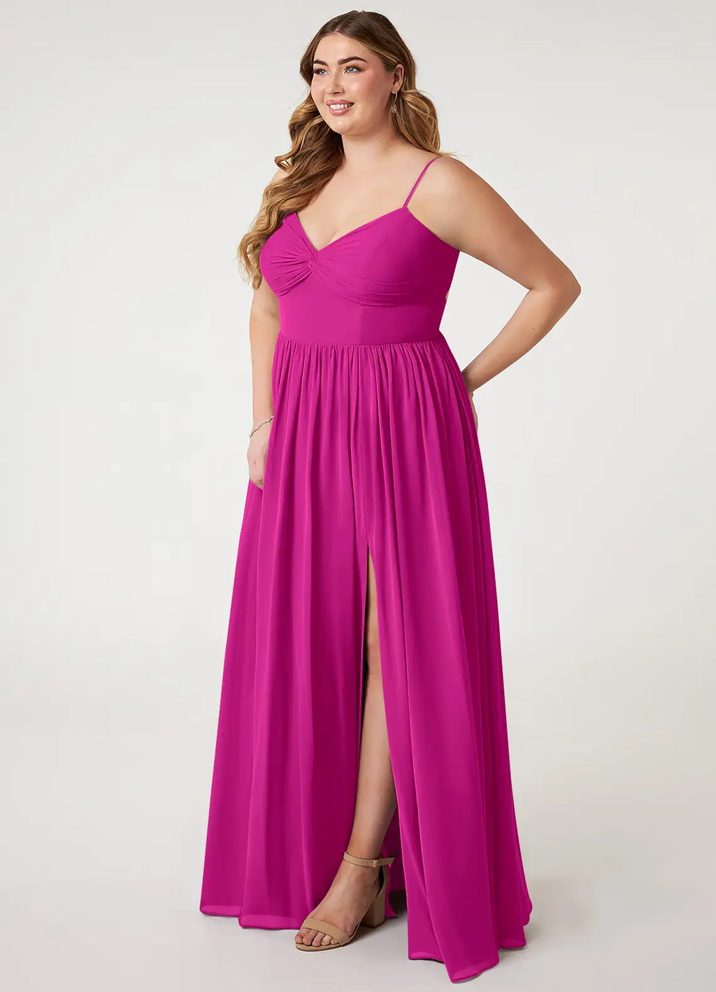 Romantic fuchsia chiffon bridesmaid dress with spaghetti straps, ruched bodice, open back bow, high slit and side pockets