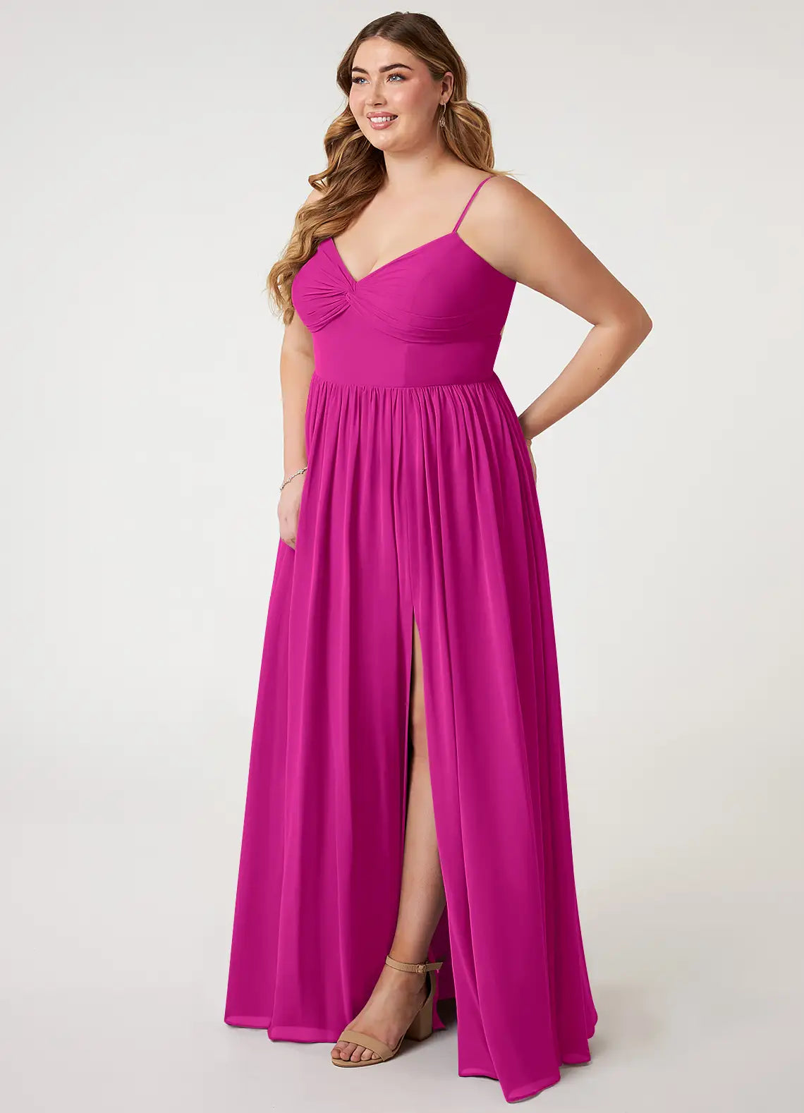 Romantic fuchsia chiffon bridesmaid dress with spaghetti straps, ruched bodice, open back bow, high slit and side pockets
