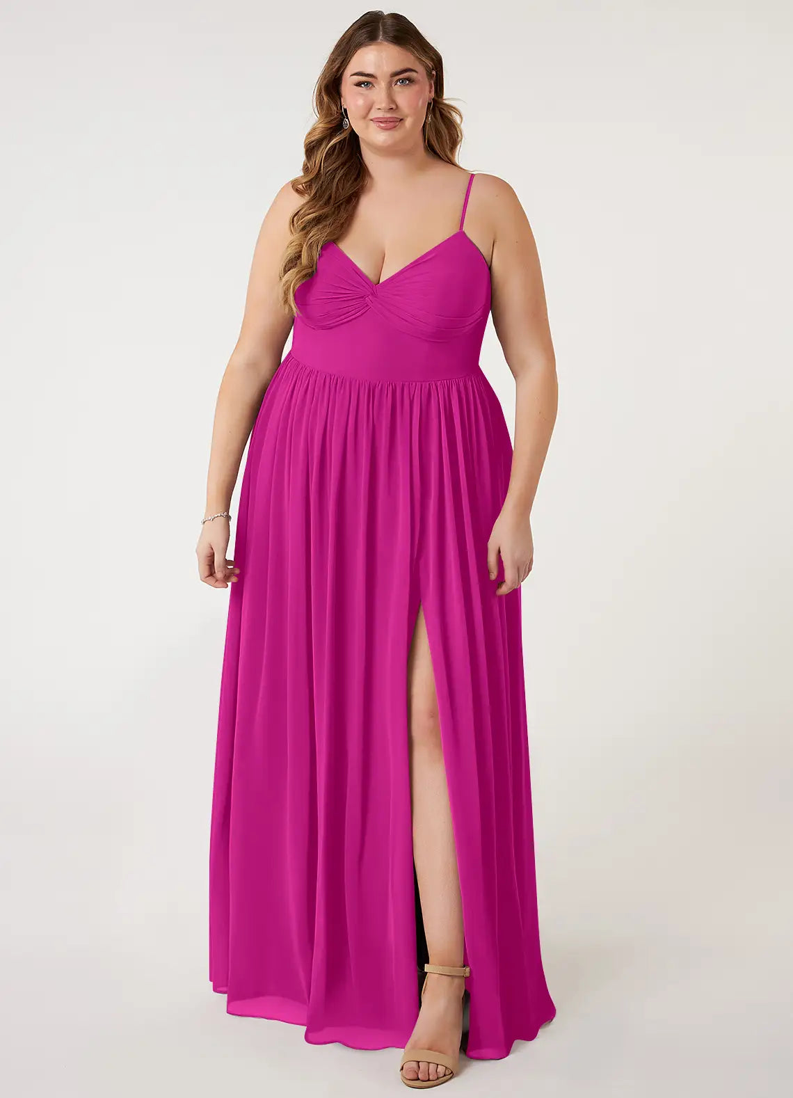 Romantic fuchsia chiffon bridesmaid dress with spaghetti straps, ruched bodice, open back bow, high slit and side pockets
