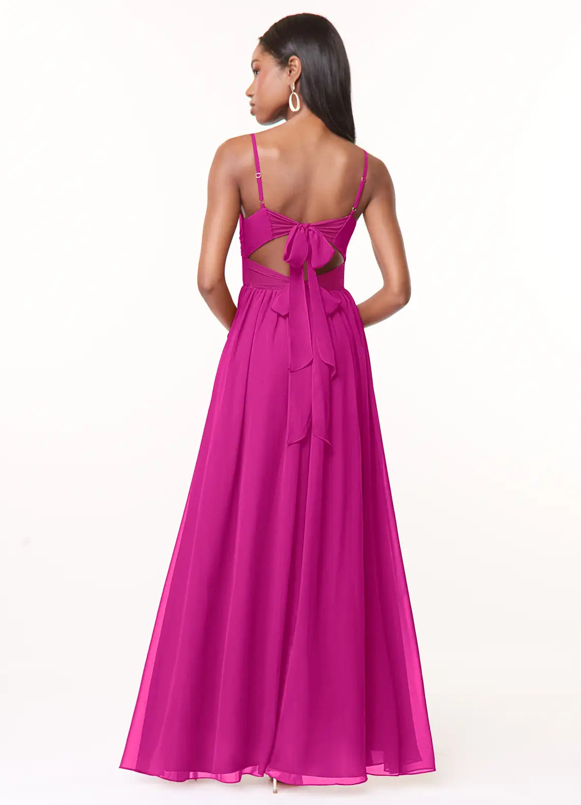 Romantic fuchsia chiffon bridesmaid dress with spaghetti straps, ruched bodice, open back bow, high slit and side pockets