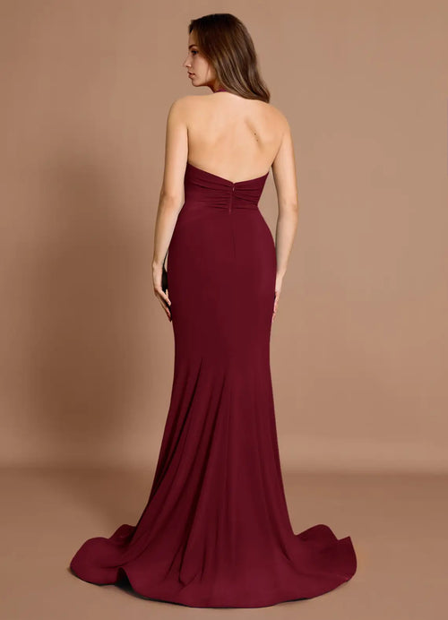 Robe de bal sirène en mousseline de soie rose à col licou, dos nu, longue traîne pour femme