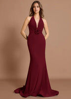 Rose Accent Halter Mermaid Chiffon Open Back Train Floor Length For Ladies Prom Dress