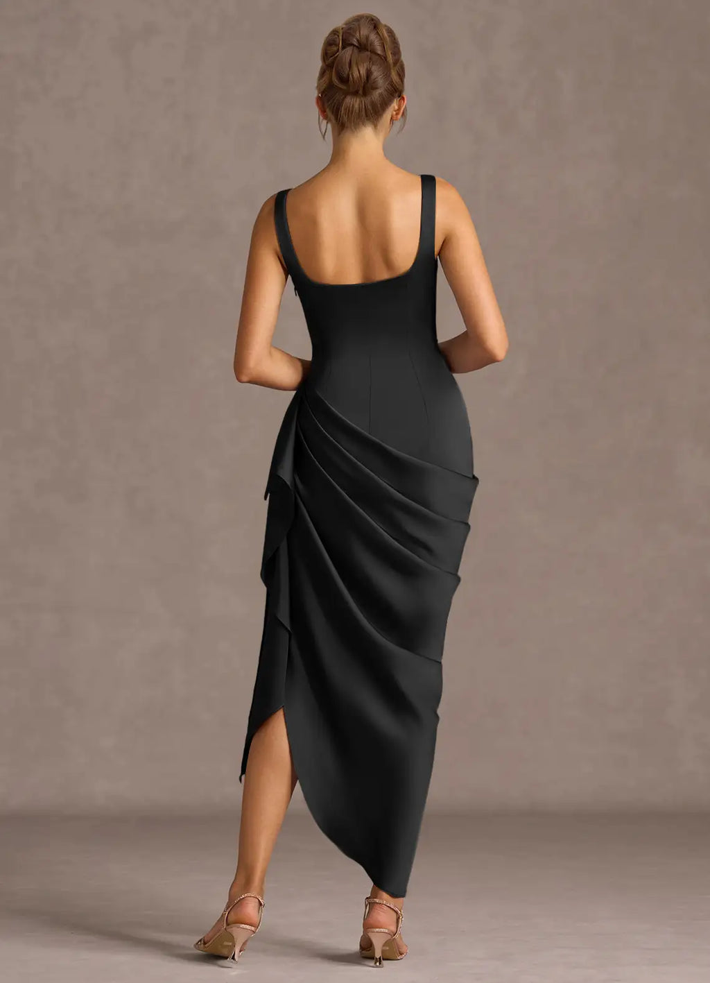 Rose Detail Square Neck Sheath Ruffled Side Asymmetrical Hem Midi Length For Ladies Prom Dress
