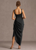 Rose Detail Square Neck Sheath Ruffled Side Asymmetrical Hem Midi Length For Ladies Prom Dress