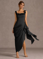 Rose Detail Square Neck Sheath Ruffled Side Asymmetrical Hem Midi Length For Ladies Prom Dress