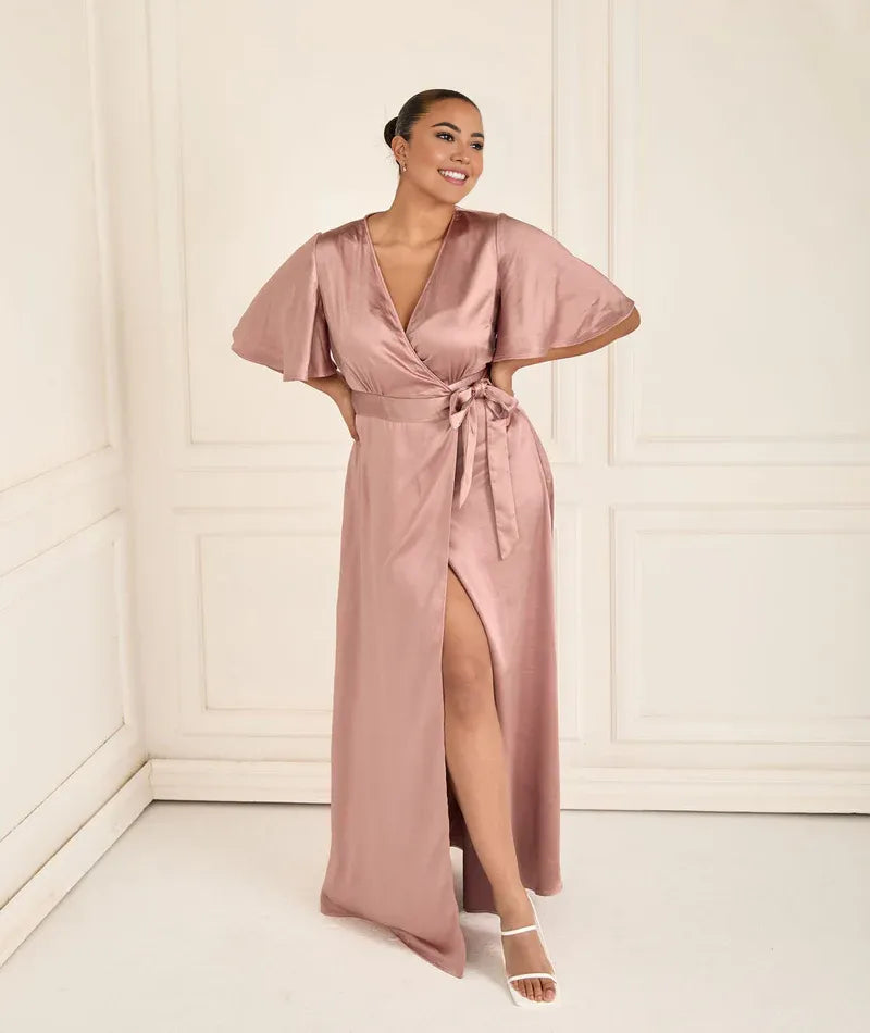 Dress Fashion Wrap Tie Bridesmaid Dress Maxi Dress Solid Color Champagne Flutter Sleeve Column Prom Dress