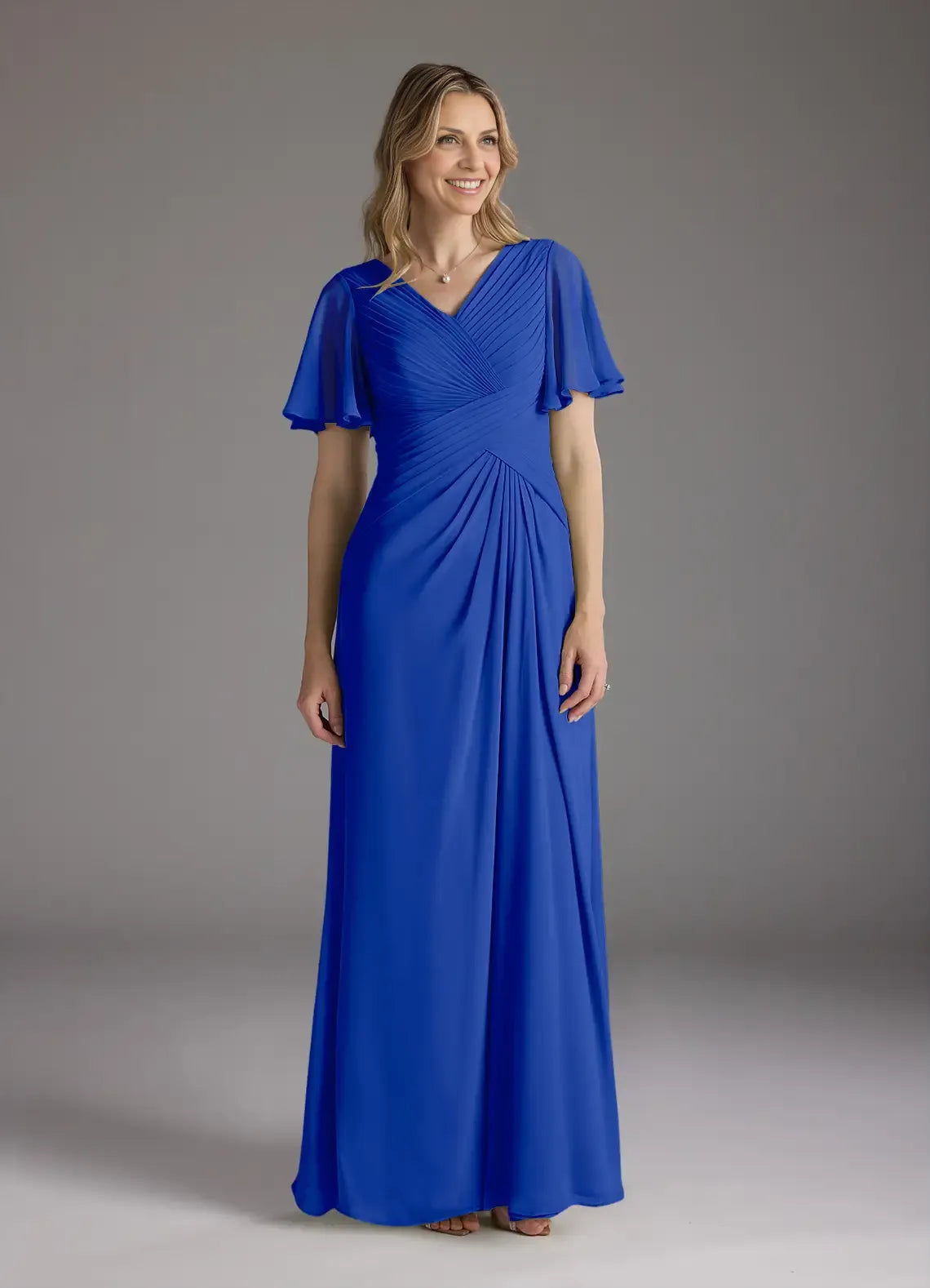 Dress A-Line V-Neck Ruched Mother of the Groom Dresses Elegant Ruffle Flutter Sleeves V Back Evening Dress