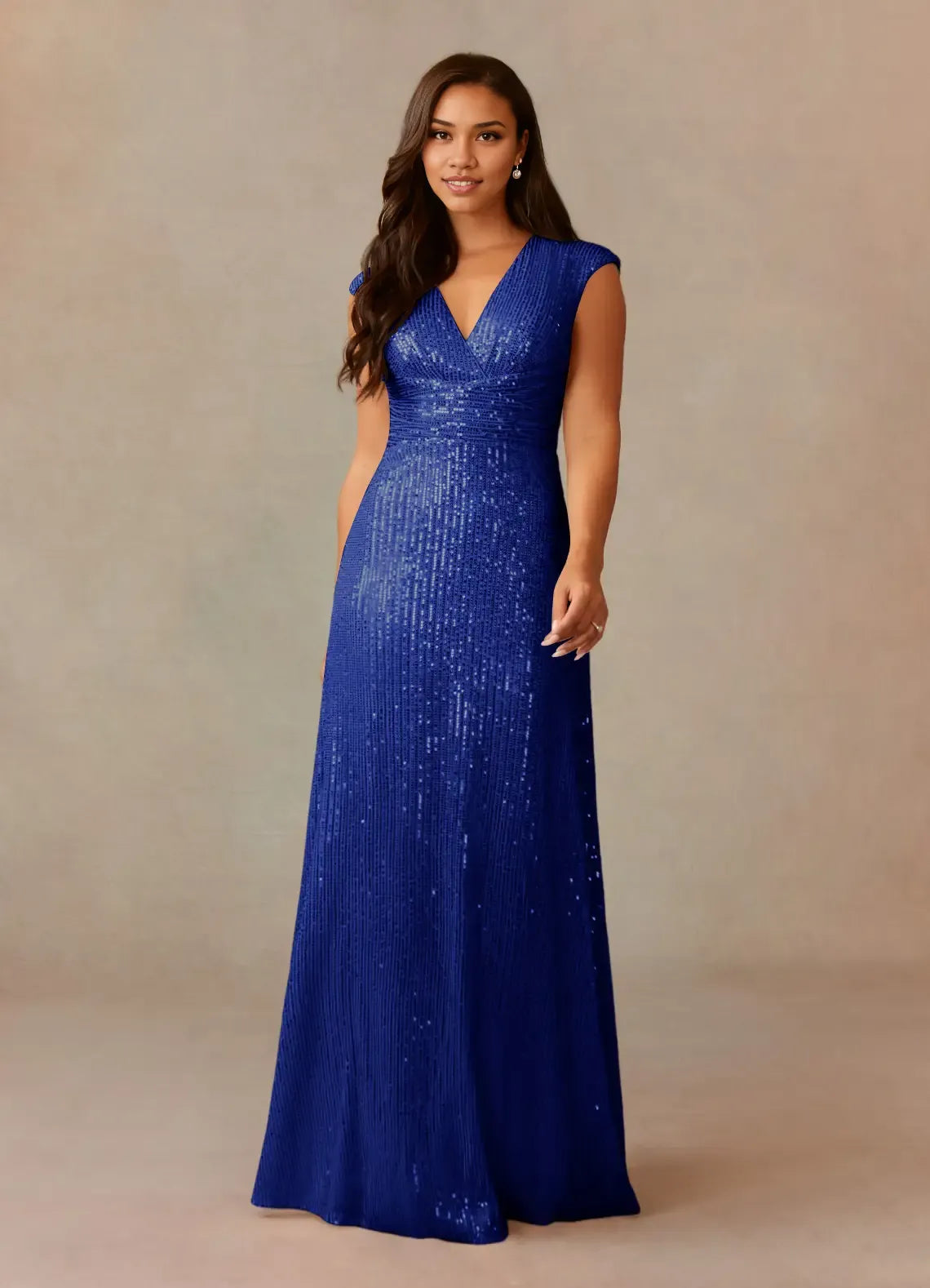 Dress Champagne A-Line V-Neck Ruched Sequins Mother Of The Bride Dresses Cap Sleeves Back Zip Ruffle Evening Dress