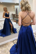 Royal Blue Satin A-Line Prom Dress Spaghetti-Strap Deep V-Neck High-Slit Crisscross Open-Back Train Gown