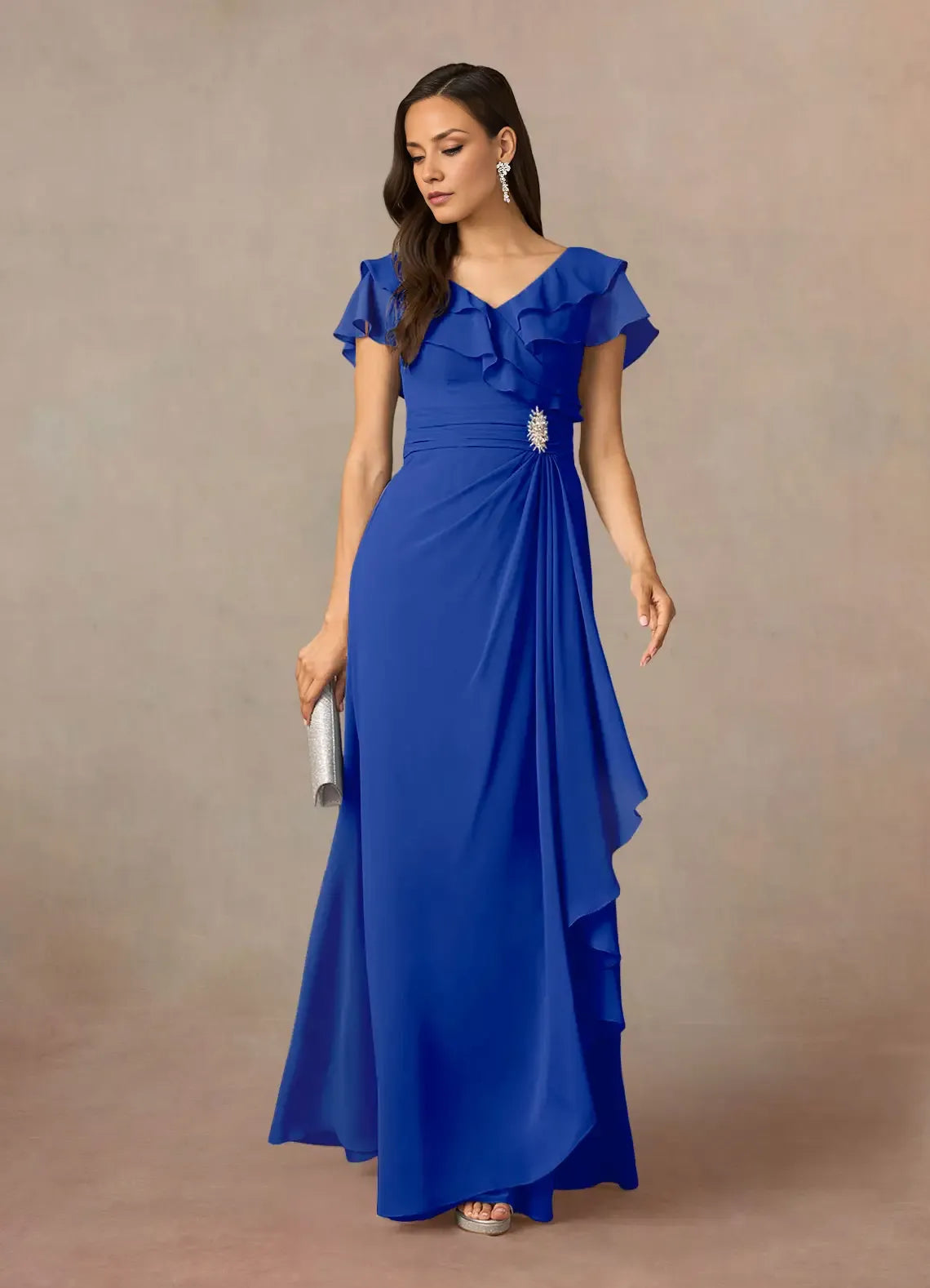 Navy Dress Dark A-Line V-Neck Ruched Mother Of The Bride Evening Dress Elegant Ruffle Flutter Sleeves V Back Plus Size Mother Of The Bride Dress
