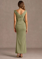 Ruched Bodice Off Shoulder Sheath V Back Midi Length Hot sale Prom Dress
