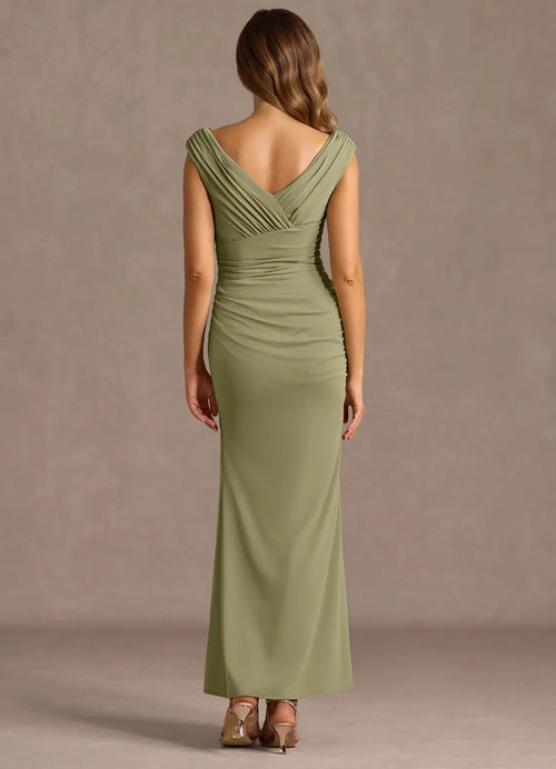 Robe de soirée moulante mi-longue à épaules dénudées avec corsage froncé et dos en V, best-seller