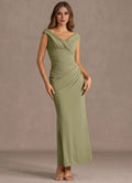 Ruched Bodice Off Shoulder Sheath V Back Midi Length Hot sale Prom Dress