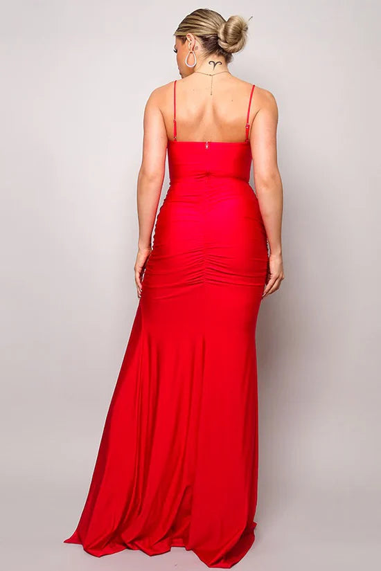 Ruched Bodice Spaghetti Strap Satin Mermaid Open Back High Slit Floor Length For Sale Prom Dress