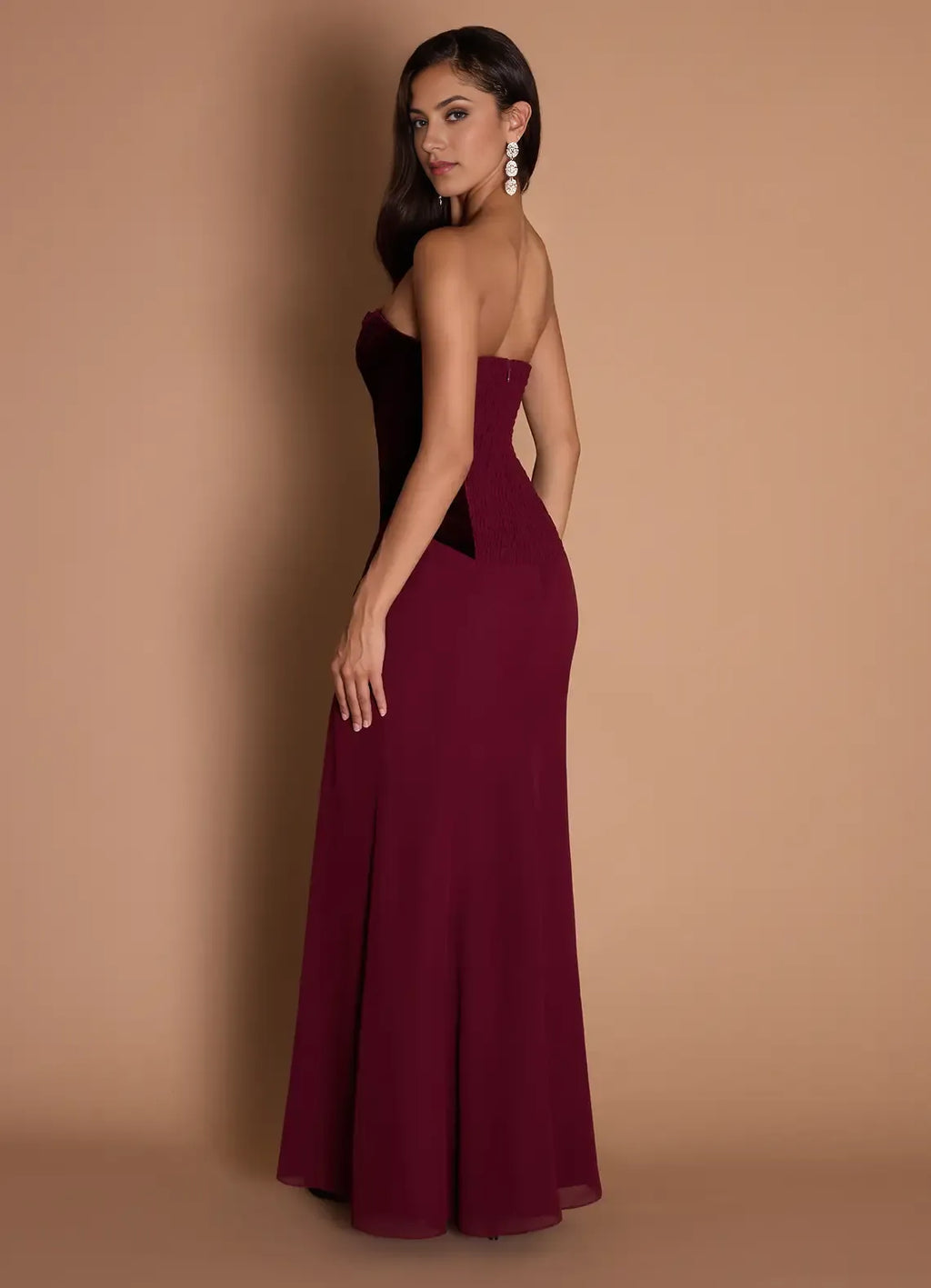 Ruched Bodice Strapless Chiffon Mermaid Open Back High Slit Floor Length Female Prom Dress ﻿