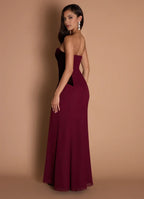 Ruched Bodice Strapless Chiffon Mermaid Open Back High Slit Floor Length Female Prom Dress ﻿