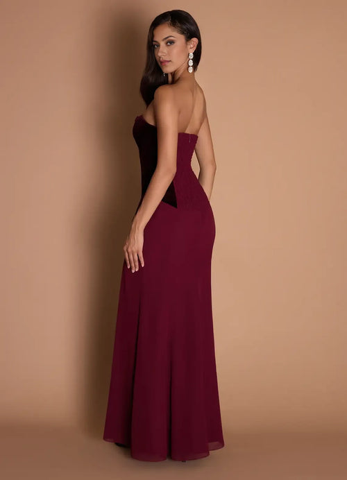 Robe de Bal Longue Femme Sirène en Mousseline à Buste Froncé, Dos Nu et Fente Haute