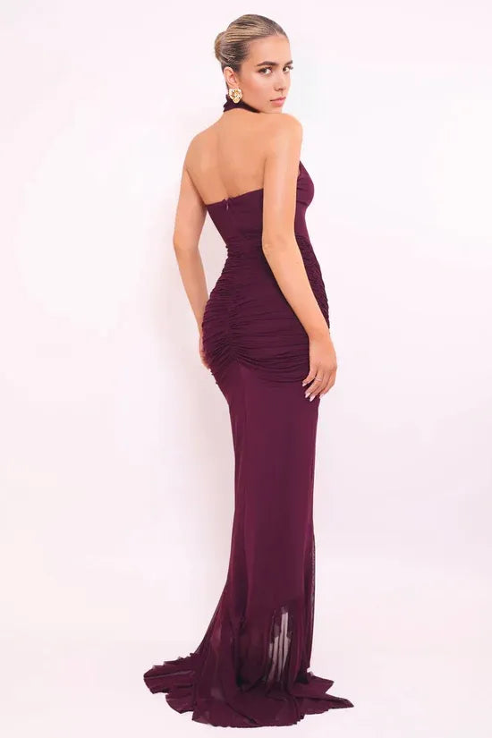 Ruched Mermaid Halter Neck Sleeveless Open Back Train Floor Length For Women Prom Dress