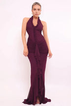 Ruched Mermaid Halter Neck Sleeveless Open Back Train Floor Length For Women Prom Dress