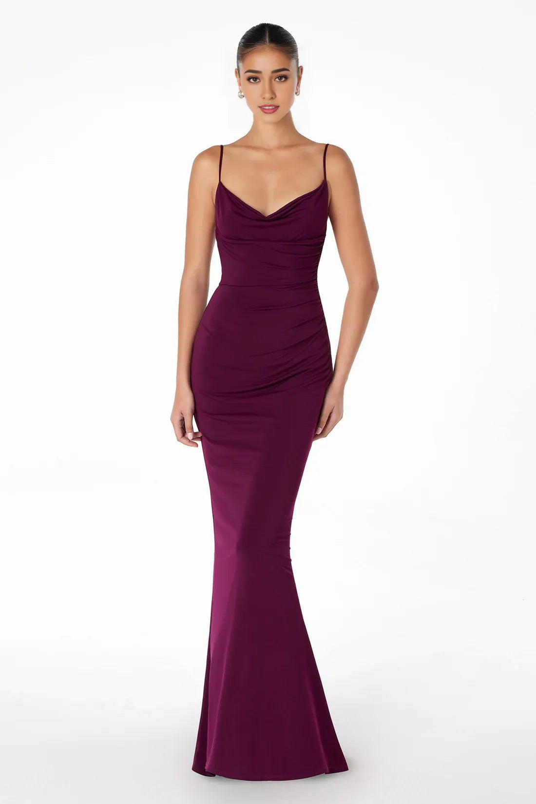 Ruched Mermaid Plunging V Neck Spaghetti Strap Lace Back Floor Length Hot sale Prom Dress ﻿