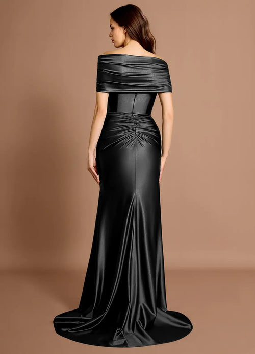 Robe de bal sirène en satin à épaules froncées, traîne au dos, longueur ras du sol, vente chaude