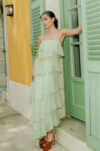 Ruffle Affordable Strapless Prom Dresses Trendy Floor Length Ball Gowns Tiered Strapless Prom Clothes