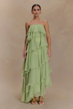 Ruffle Affordable Strapless Prom Dresses Trendy Floor Length Ball Gowns Tiered Strapless Prom Clothes