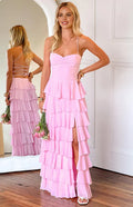 Ruffle Long Spaghetti Straps Graduation Party Dresses Backless Sleeveless Prom Dresses Tiered Affordable A-Line Evening Dresses