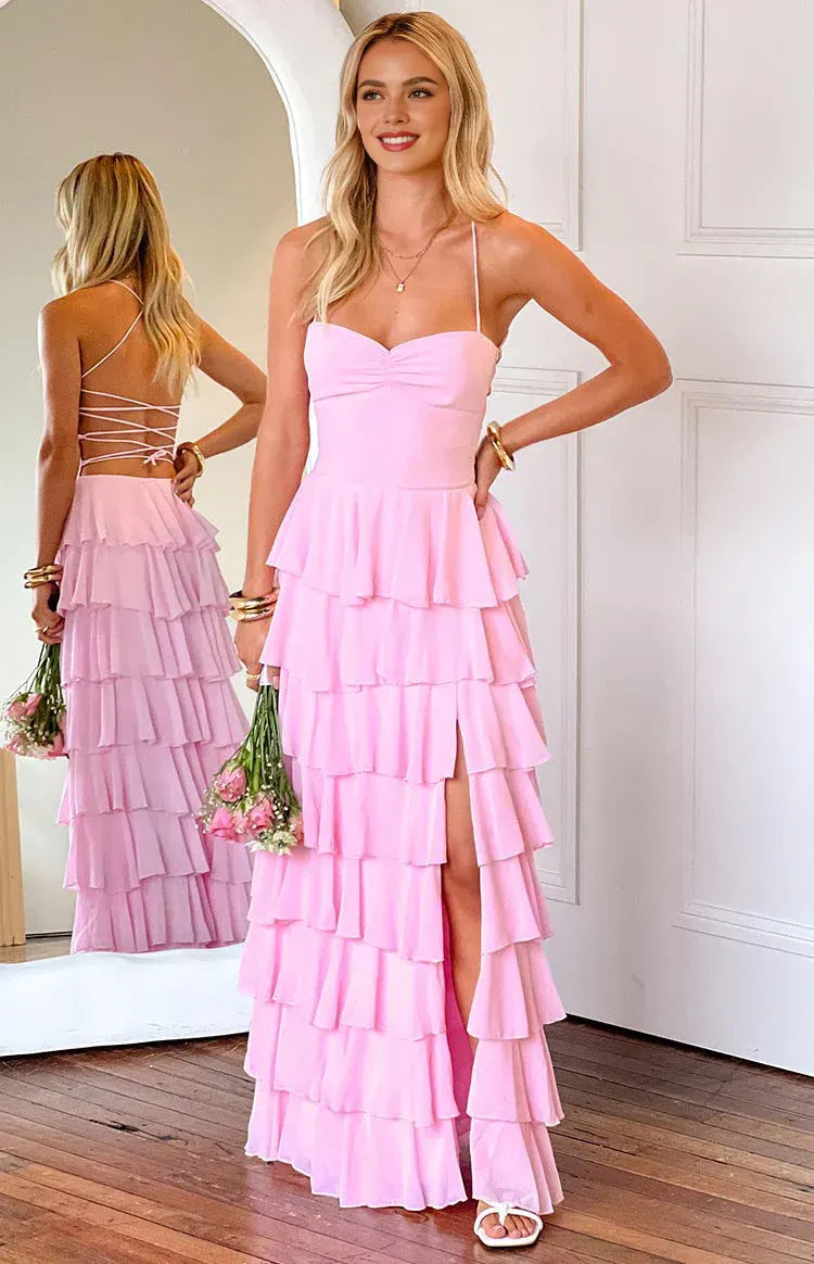 Ruffle Long Spaghetti Straps Graduation Party Dresses Backless Sleeveless Prom Dresses Tiered Affordable A-Line Evening Dresses