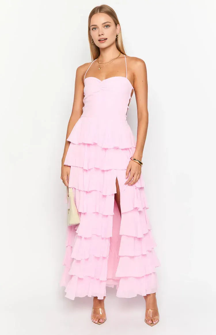 Ruffle Long Spaghetti Straps Graduation Party Dresses Backless Sleeveless Prom Dresses Tiered Affordable A-Line Evening Dresses