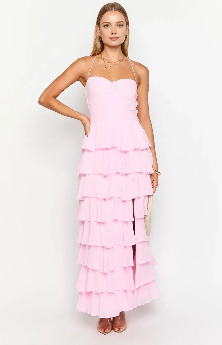 Ruffle Long Spaghetti Straps Graduation Party Dresses Backless Sleeveless Prom Dresses Tiered Affordable A-Line Evening Dresses