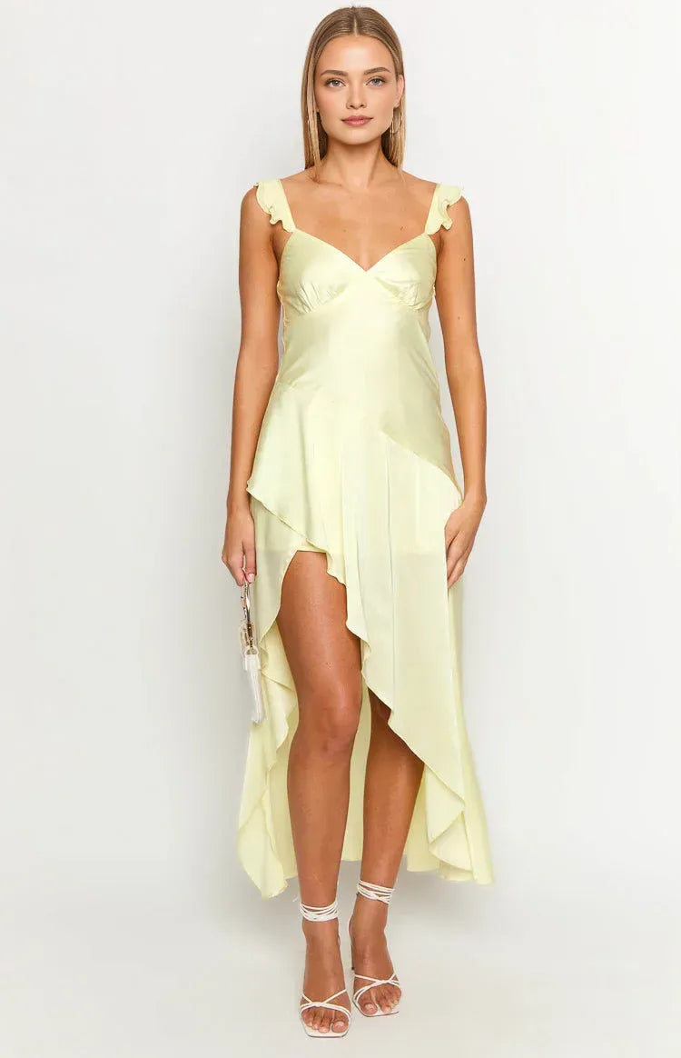 Ruffle Straps Sleeveless V Neck Long Graduation Party Homecoming Dresses Backless Pleats Elegant Prom Dresses for Ladies with slit