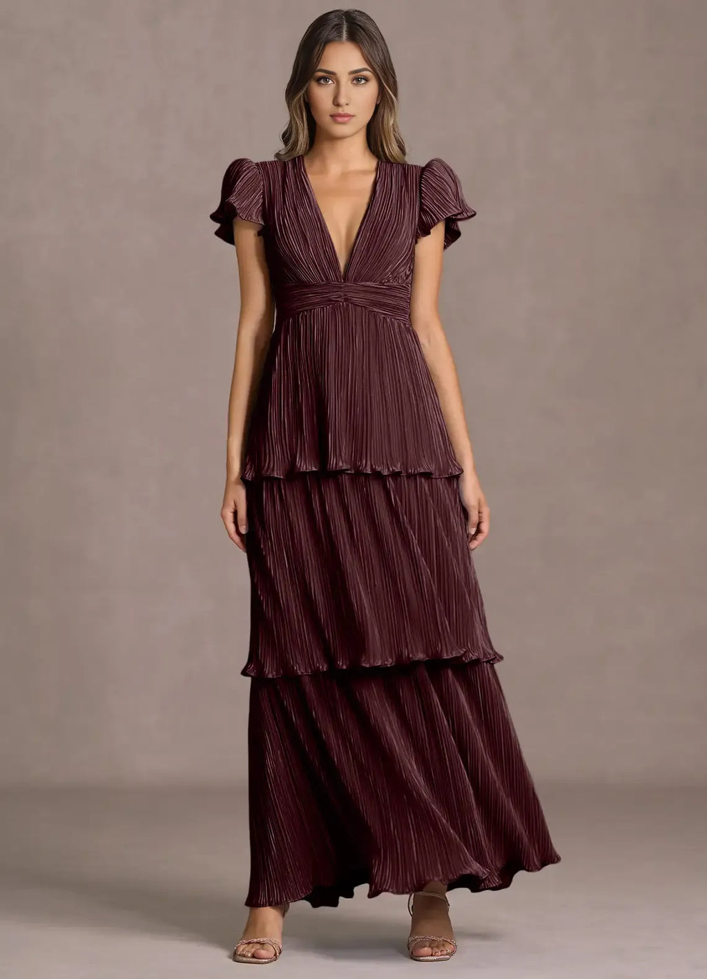 Ruffled A Line V Neck Flutter Sleeve Cut Out Back Floor Length Hot sale Prom Dress