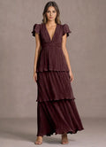 Ruffled A Line V Neck Flutter Sleeve Cut Out Back Floor Length Hot sale Prom Dress