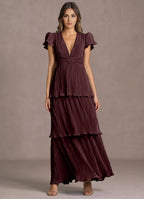 Ruffled A Line V Neck Flutter Sleeve Cut Out Back Floor Length Hot sale Prom Dress