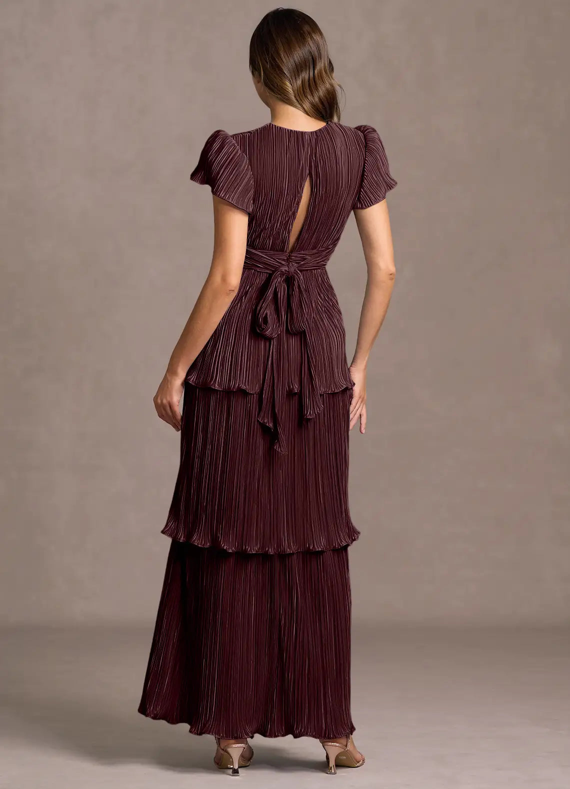 Ruffled A Line V Neck Flutter Sleeve Cut Out Back Floor Length Hot sal – Veloura Dress