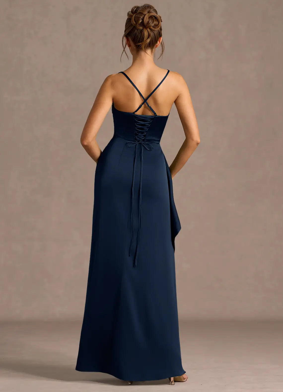 Ruffled Overlay Cross Strap Satin Mermaid Lace Up Back High Slit Floor Length Female Prom Dress