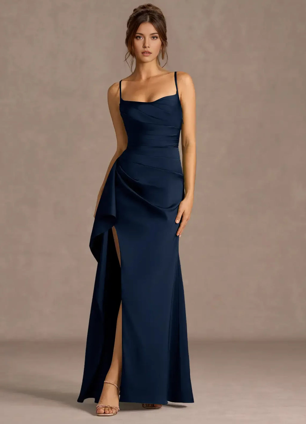 Ruffled Overlay Cross Strap Satin Mermaid Lace Up Back High Slit Floor Length Female Prom Dress