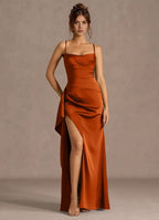 Ruffled Overlay Cross Strap Satin Sheath Lace Up Back High Slit Floor Length For Sale Prom Dress