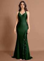 Ruffled Side Halter Neck Mermaid Satin Open Back Train Floor Length Hot sale Prom Dress