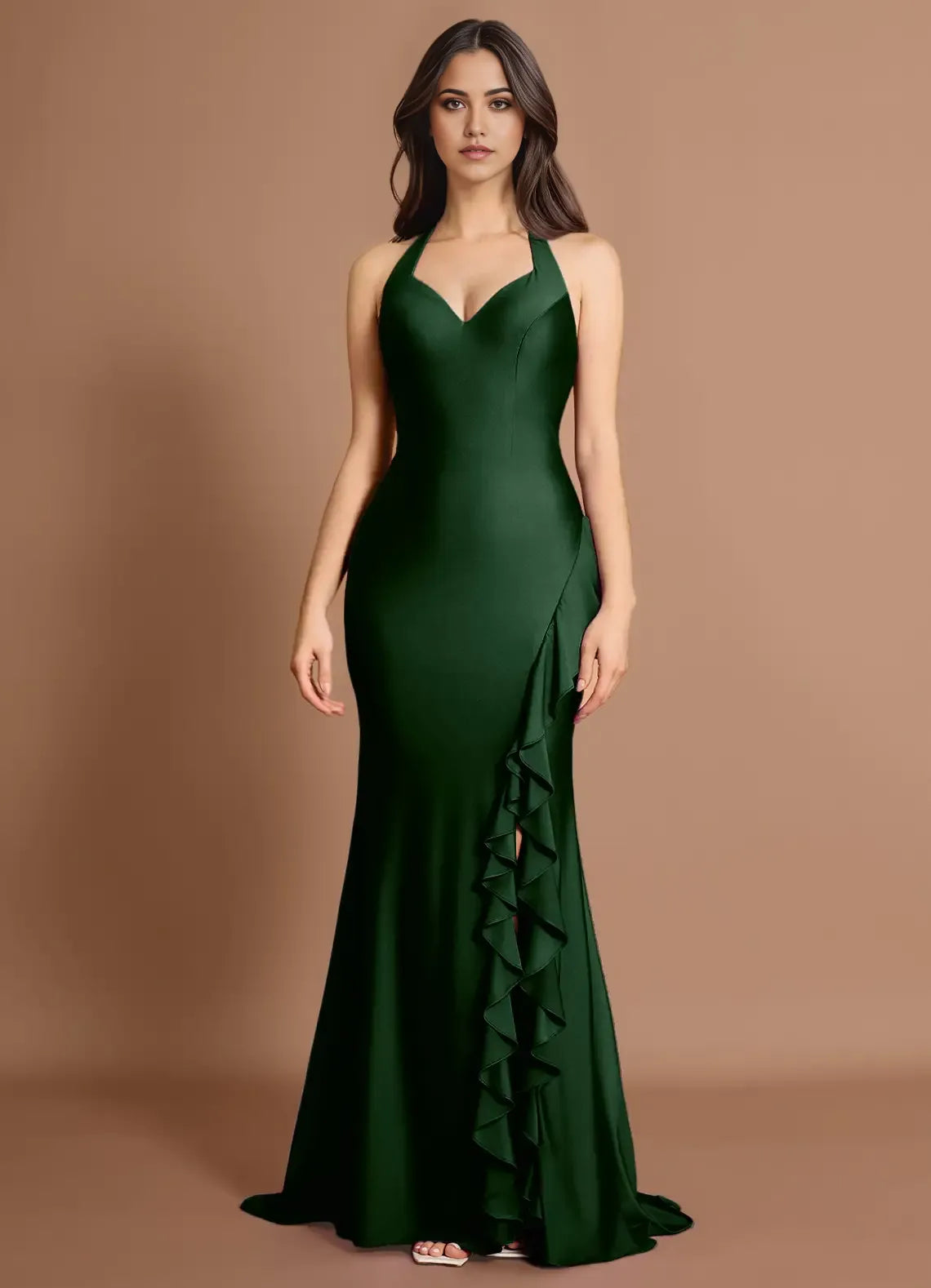 Ruffled Side Halter Neck Mermaid Satin Open Back Train Floor Length Hot sale Prom Dress