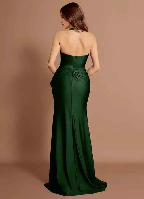 Robe de bal sirène en satin à dos ouvert, col licou à volants et traîne, longueur ras du sol, style très vendu